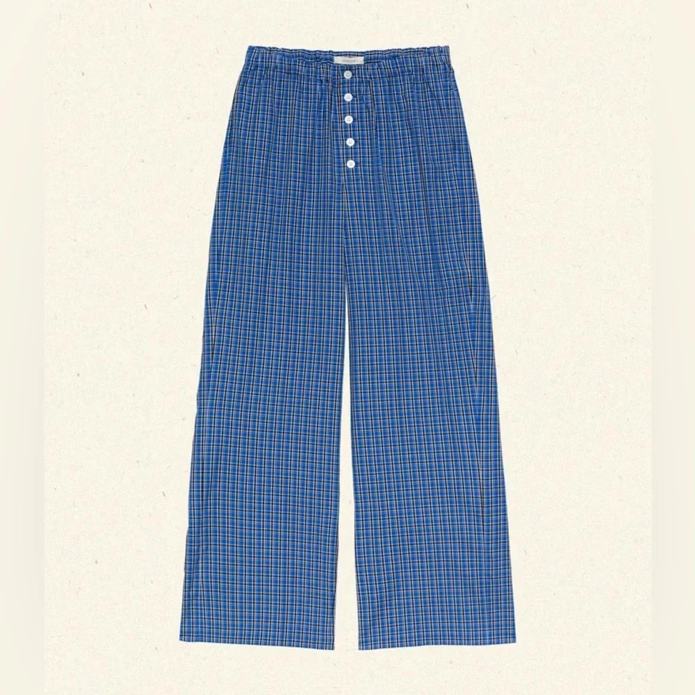 Doen Morgan Cotton Poplin Plaid Drawstring Pull On Baggy Pants Cassis Check Blue - Picture 12 of 13